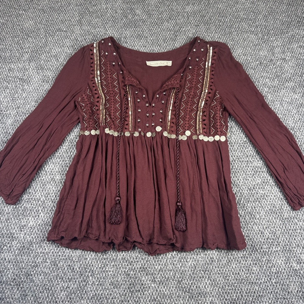 Western Cowgirl Abercrombie & Fitch Gypsy Tassel Women M Maroon 3/4 Sleeve Top